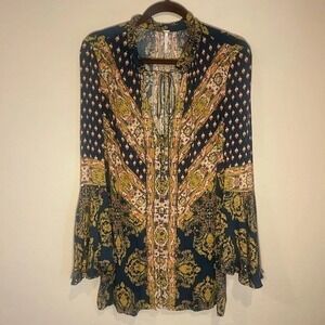 Free People Blue Gold Paisley Print Bell Sleeve Tunic Top Women's Small